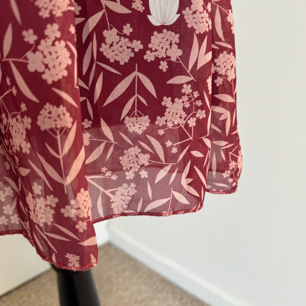 Floral Faux Wrap Midi Dress Burgundy Size Small Boho Cottagecore Fall - Picture 5 of 12